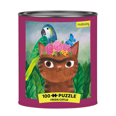 Image for Mudpuppy Frida Catlo Artsy Cat Puzzle Tin, 100 Pieces, 12"x12" - Perfect Family Puzzle for Ages 6+ - Colorful Feline Portraits Inspired by Great Artists - Paint Can Package - Fun Indoor Activity