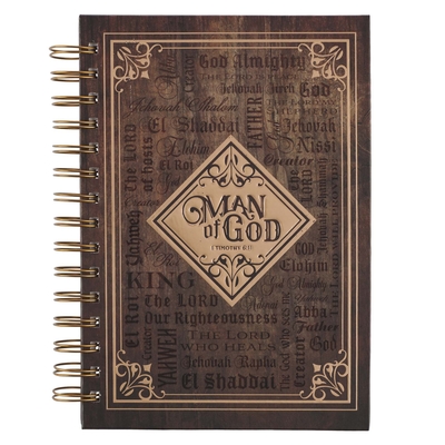 Christian Art Gifts Journal w/Scripture Man of God 1 Timothy 6:11 Bible Verse Names of God Brown 192 Ruled Pages, Large Hardcover Notebook, Wire Bound